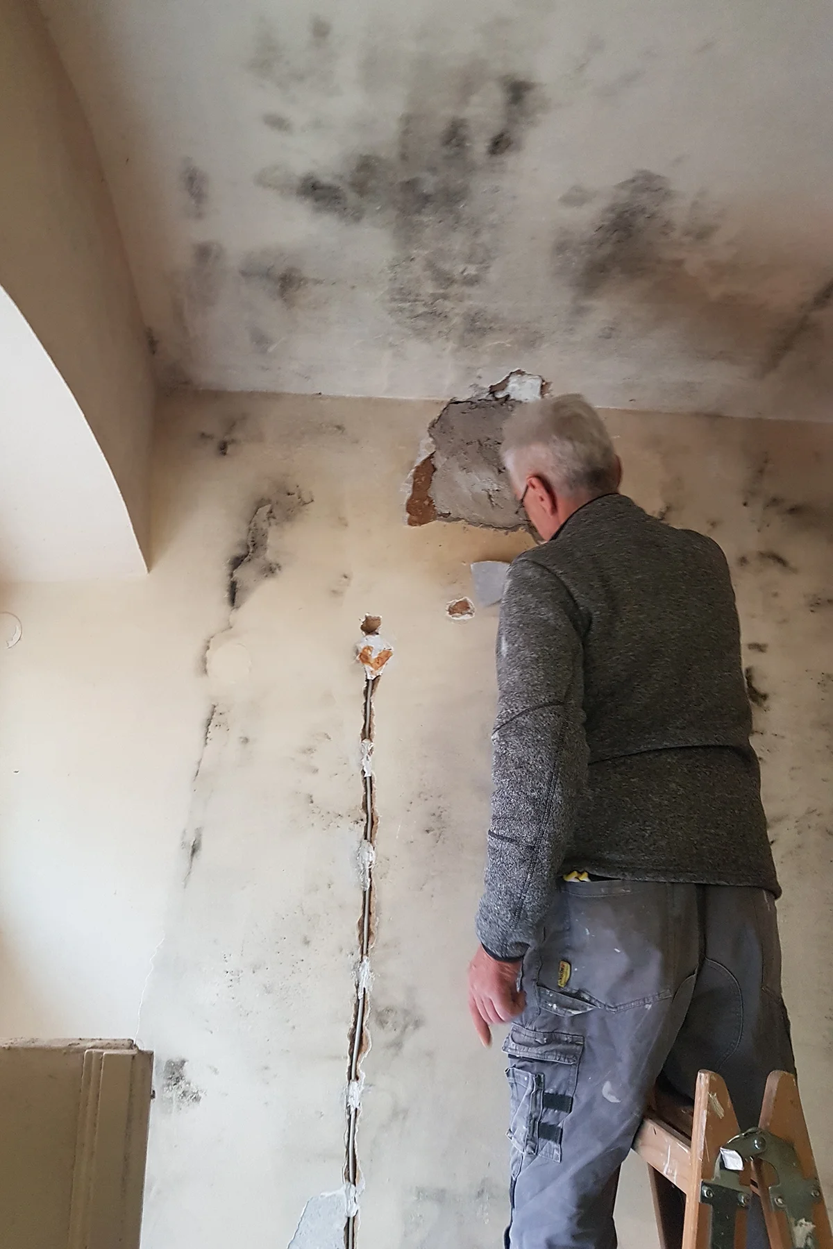 Zid s tragovima vlage, plijesni i ispucanom žbukom