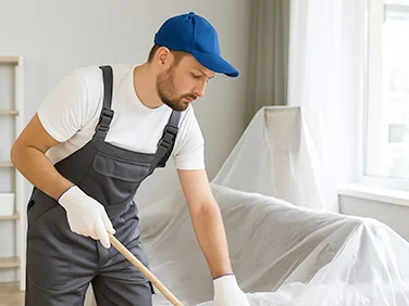Majstor čisti prostor nakon bojanja, dok je namještaj zaštićen plastičnom folijom – Adriacolor, Rijeka.